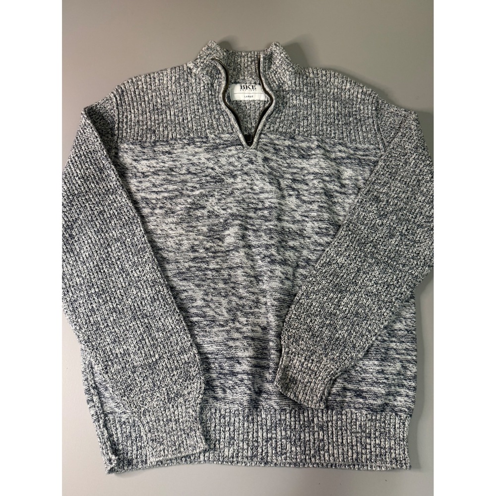 BKE Mens Quarter Zip Sweater Navy Blue White Marled Cotton Knit Large B5105